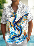 Oceanlyte Men's Blue And Golden Dragon On Waves Print Short Sleeve Shirt with Chest Pocket