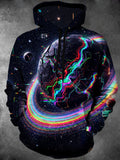 Oceanlyte Men's Long Sleeve Hoodie - Cracked Planet With Neon Circuit Lines And Rainbow Rings Print