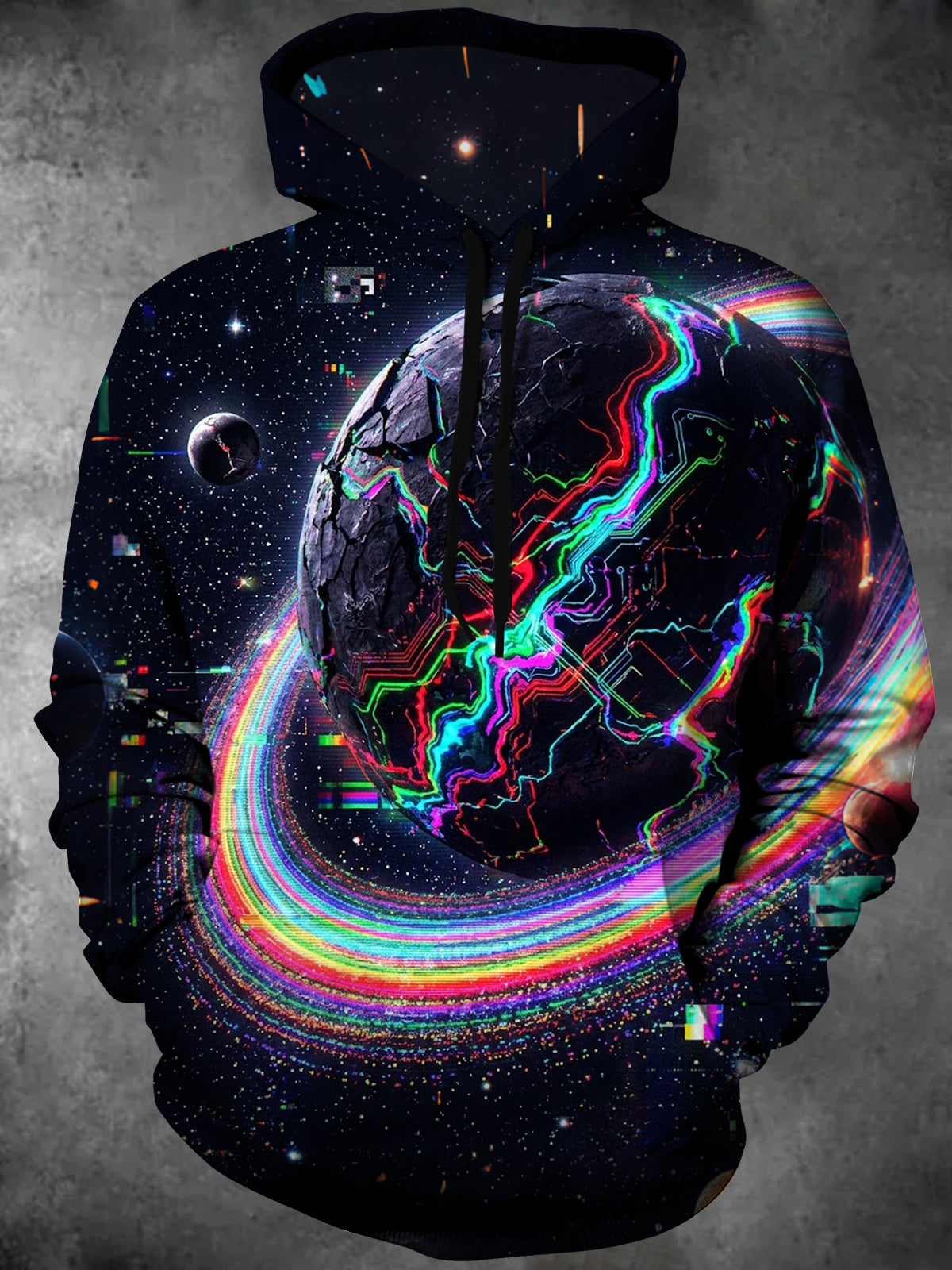 Oceanlyte Men's Long Sleeve Hoodie - Cracked Planet With Neon Circuit Lines And Rainbow Rings Print