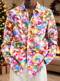 Oceanlyte Men's Christmas Candy Canes And Lollipops Print Long Sleeve Shirt with Chest Pocket