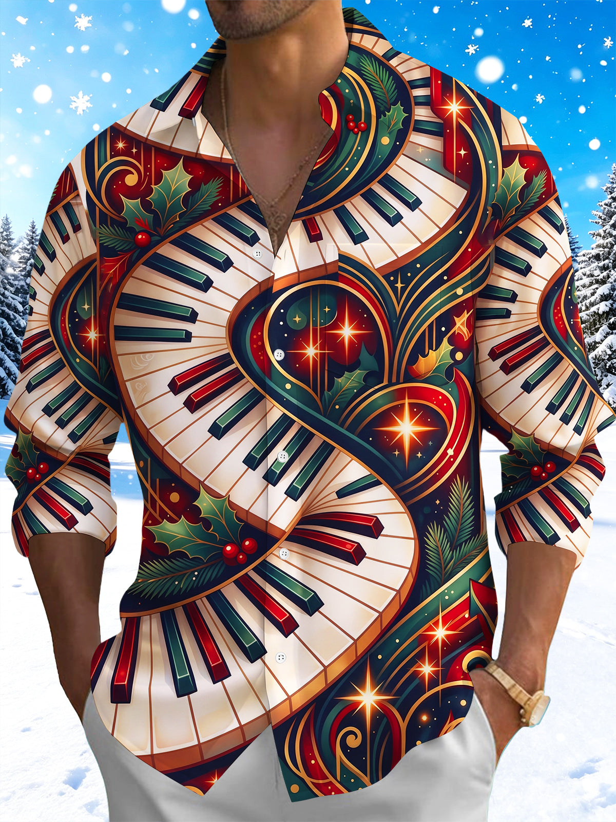 Oceanlyte Men's Long Sleeve Shirt - Christmas Holly And Berries Print Piano Keyboard And Musical Notes Print with Chest Pocket