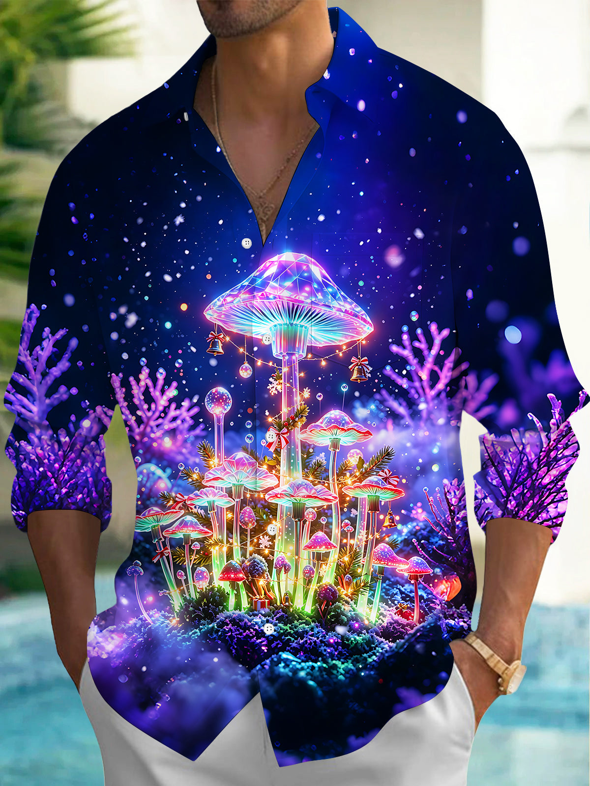 Oceanlyte Men's Long Sleeve Shirt - Christmas Neon Glowing Mushrooms And Winter Forest Print with Chest Pocket