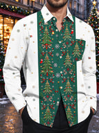 Oceanlyte Men's Striped Christmas Trees And Snowflakes Print Long Sleeve Shirt with Chest Pocket