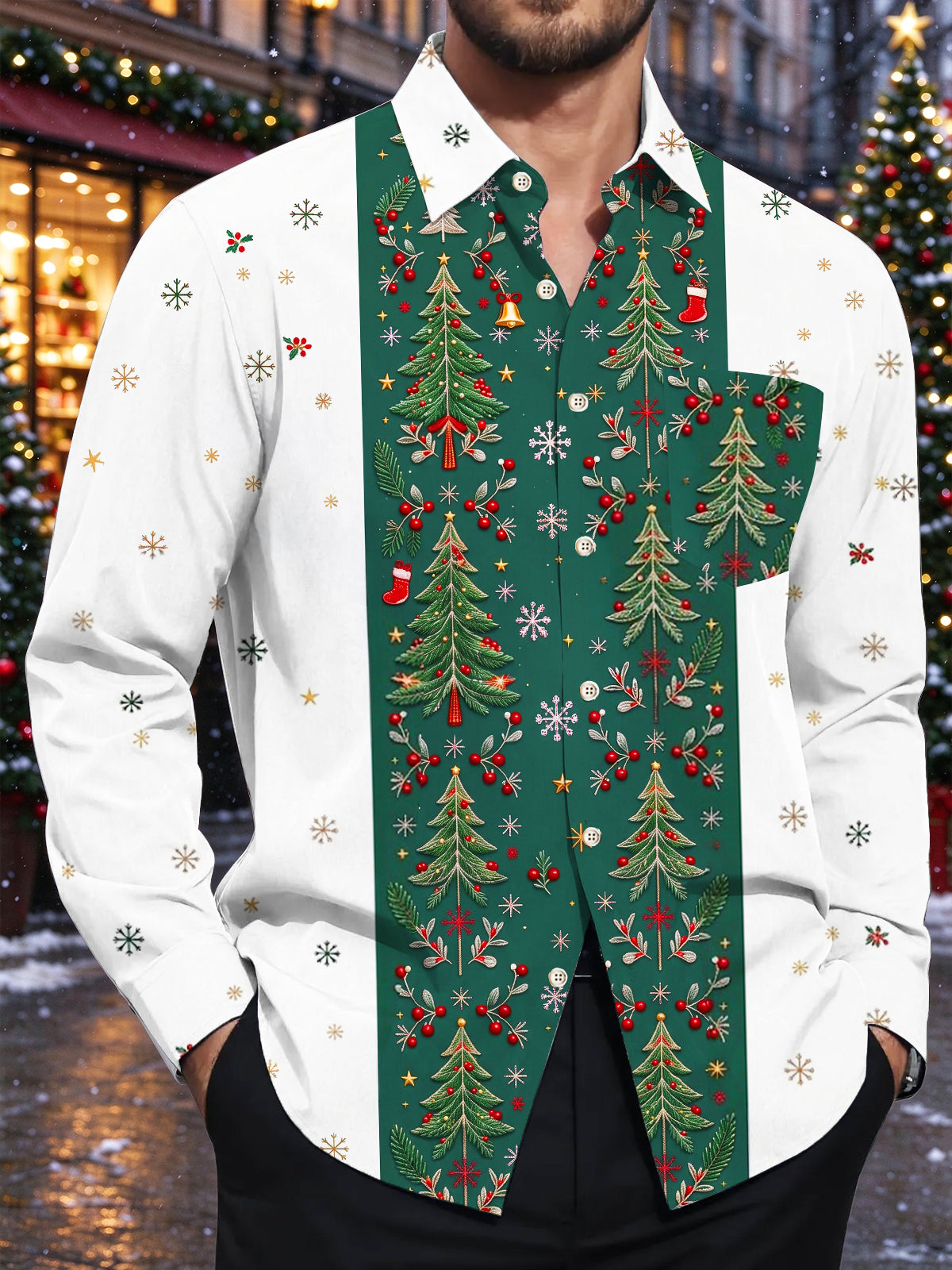 Oceanlyte Men's Striped Christmas Trees And Snowflakes Print Long Sleeve Shirt with Chest Pocket