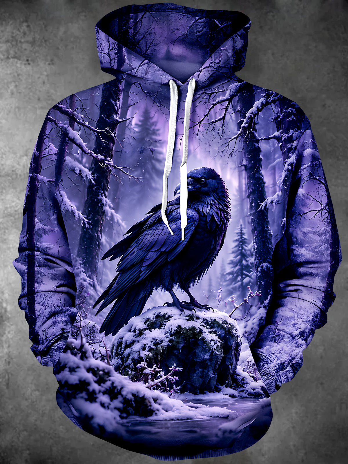 Oceanlyte Men's Graphic Black Crow In Winter Forest Print Long Sleeve Hoodie