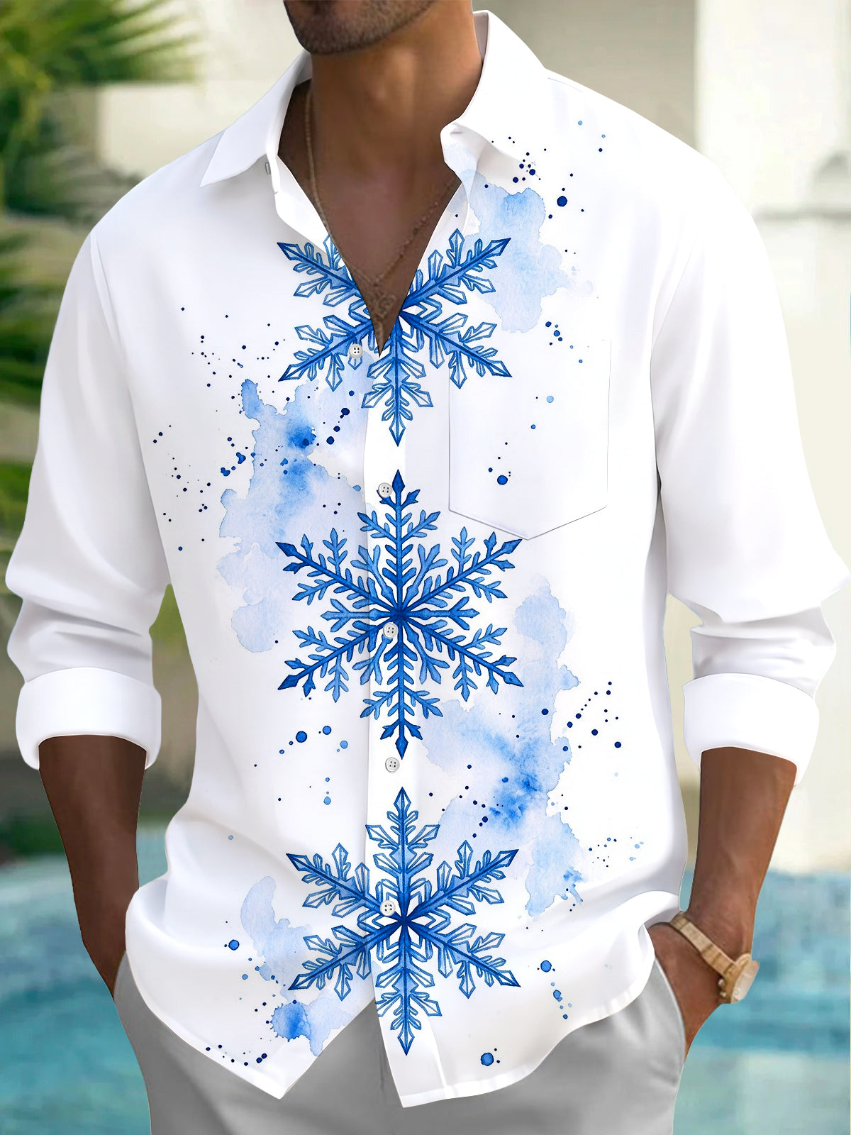 Oceanlyte Men's Blue Snowflakes With Watercolor Splashes Print Long Sleeve Shirt with Chest Pocket