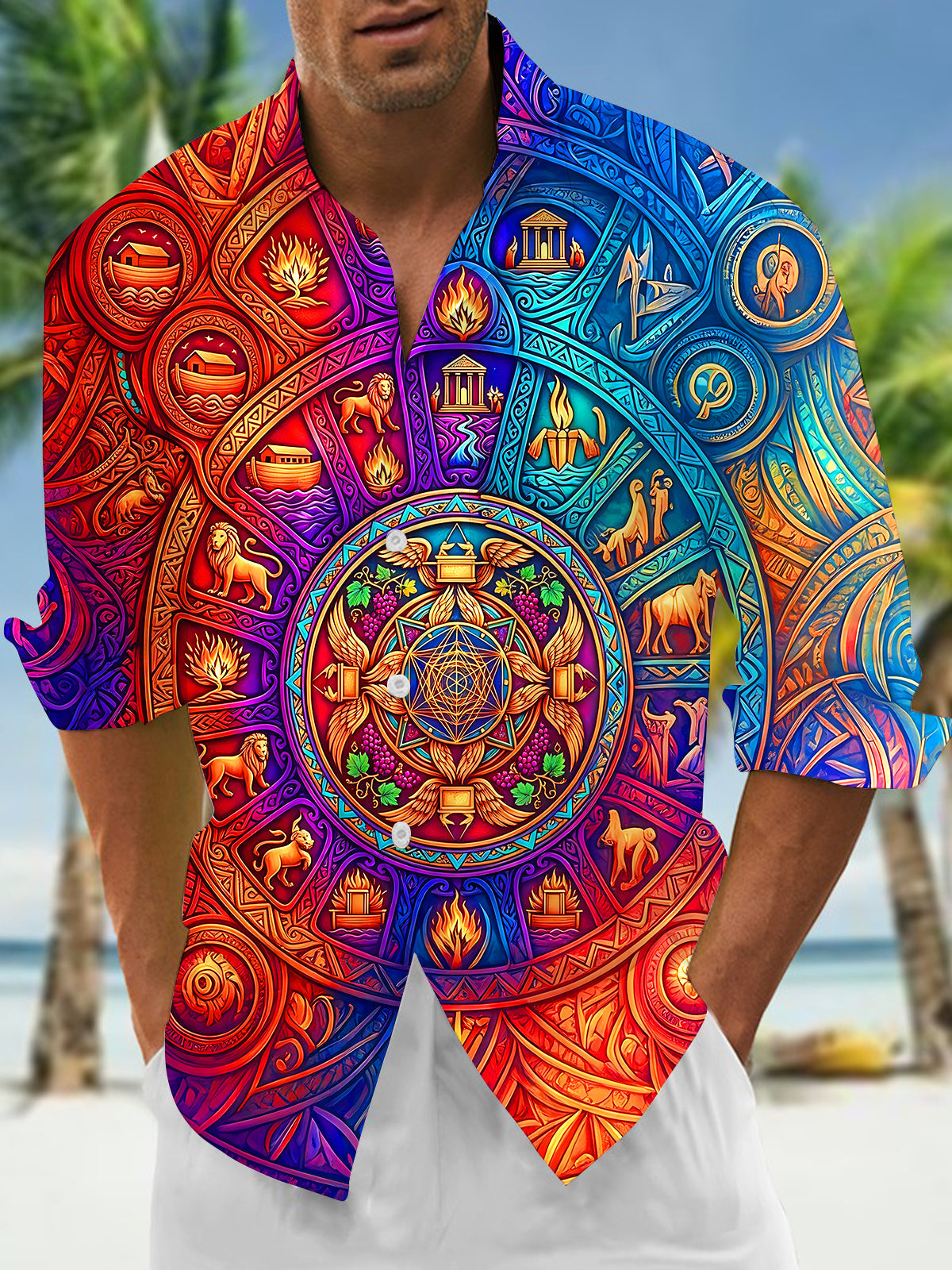 Oceanlyte Men's Graphic Biblical Symbol Mandala Print Long Sleeve Shirt with Chest Pocket