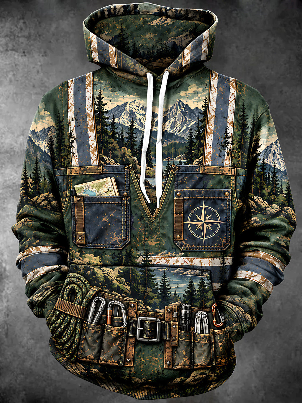 Oceanlyte Men's Mountain Landscape With Pine Trees Print Long Sleeve Hoodie