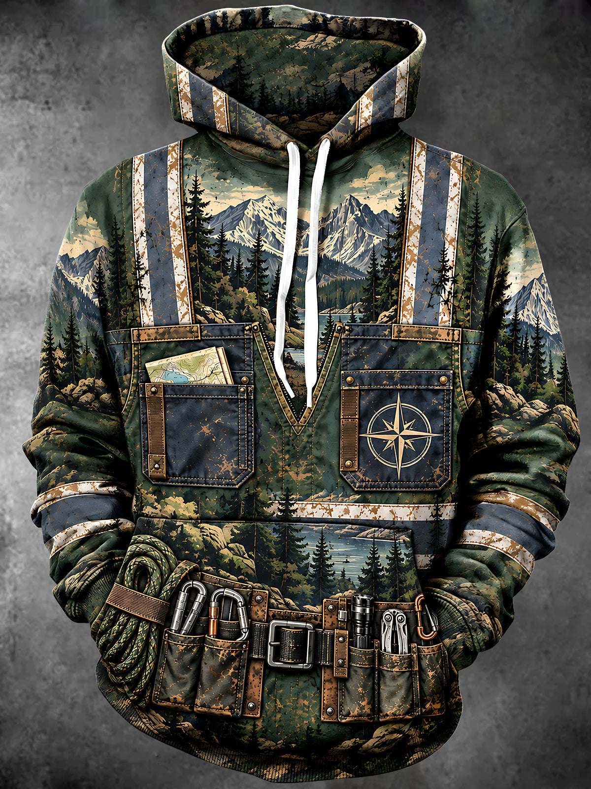 Oceanlyte Men's Mountain Landscape With Pine Trees Print Long Sleeve Hoodie