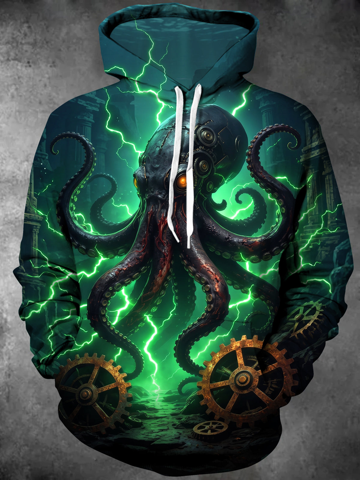 Oceanlyte Men's Long Sleeve Hoodie - Steampunk Octopus With Gears And Lightning Print
