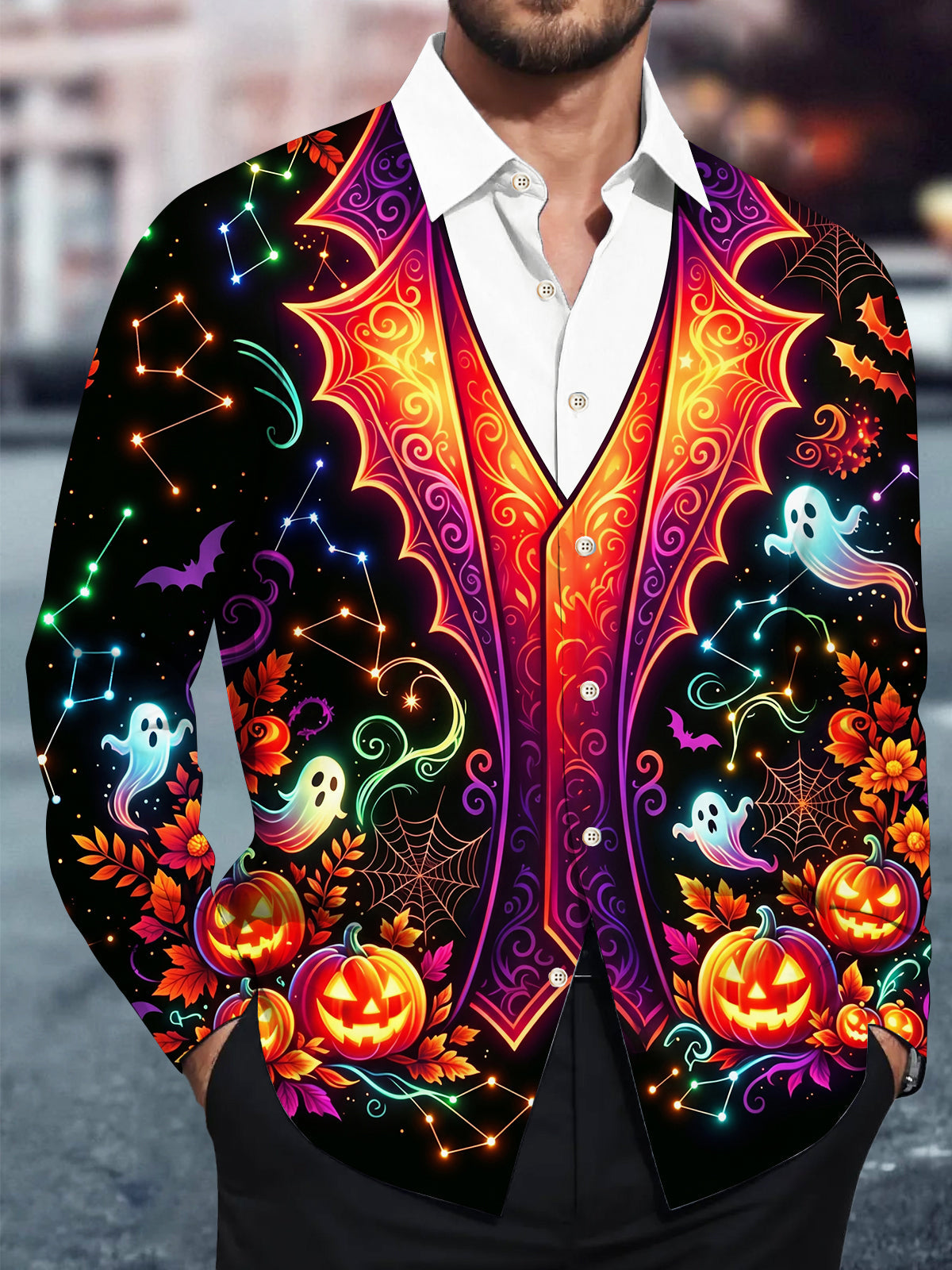 Oceanlyte Men's Halloween Jack-o-lanterns And Ghosts Print Long Sleeve Shirt with Chest Pocket