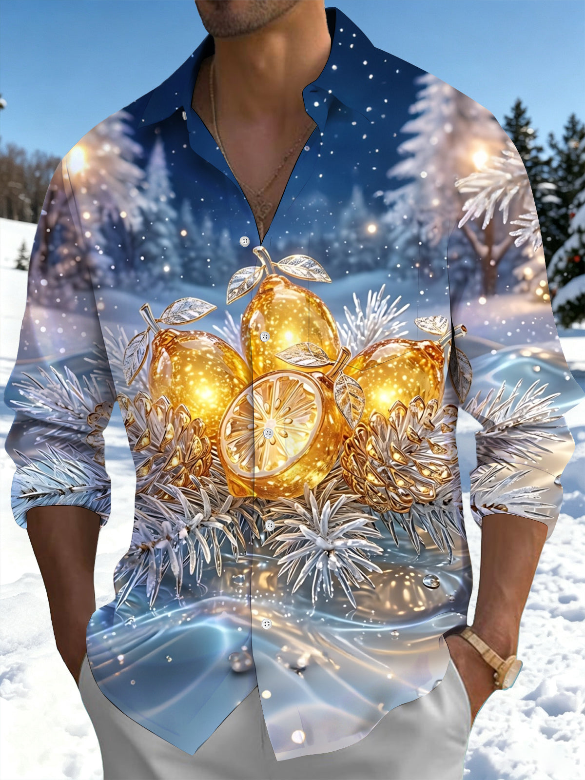 Oceanlyte Men's Long Sleeve Shirt - Golden Lemons And Pine Cones In Winter Snow Print with Chest Pocket