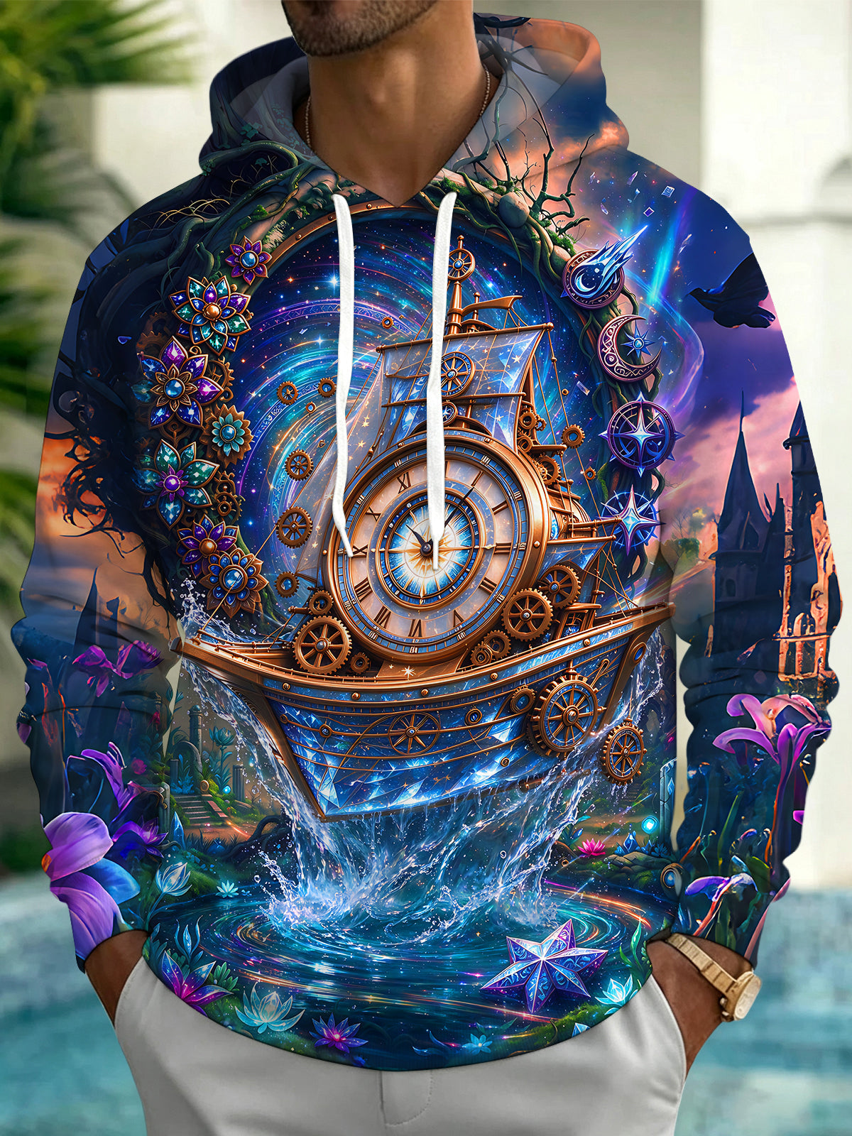 Oceanlyte Men's Steampunk Clockwork Sailing Boat Print Long Sleeve Hoodie