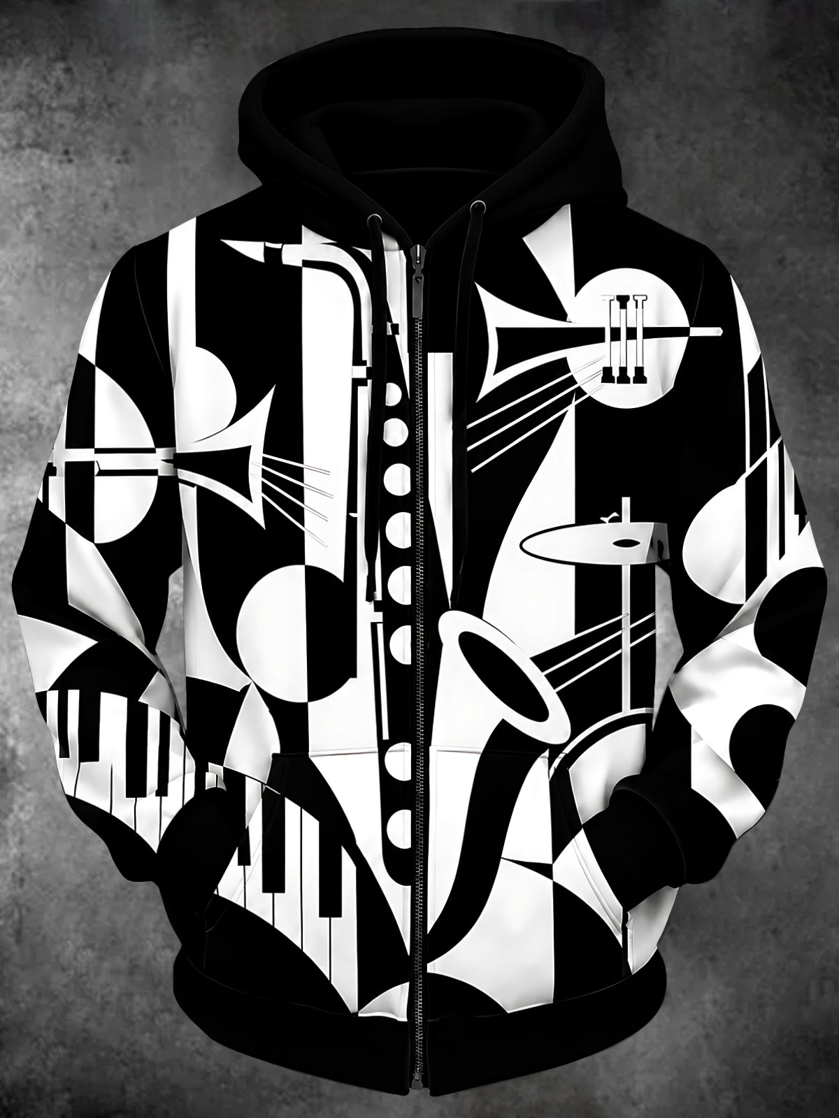 Oceanlyte Men's Graphic Musical Instruments Print Long Sleeve Zip-Up Hoodie