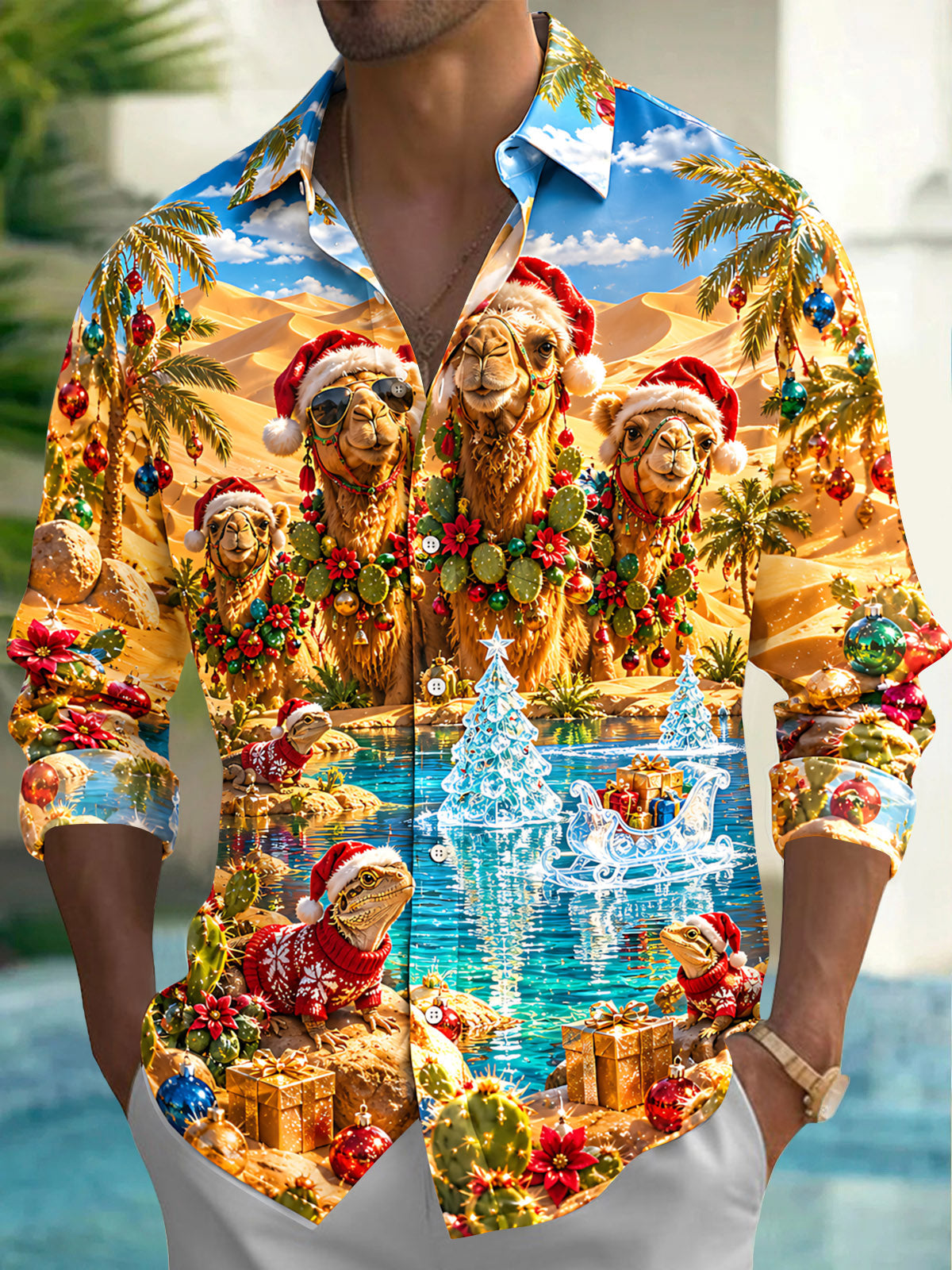 Oceanlyte Men's Camels And Lizards In Christmas Attire Print Long Sleeve Shirt with Chest Pocket