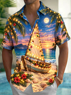 Oceanlyte Men's Short Sleeve Shirt - Christmas Sailboat And Ornaments On Beach Print with Chest Pocket
