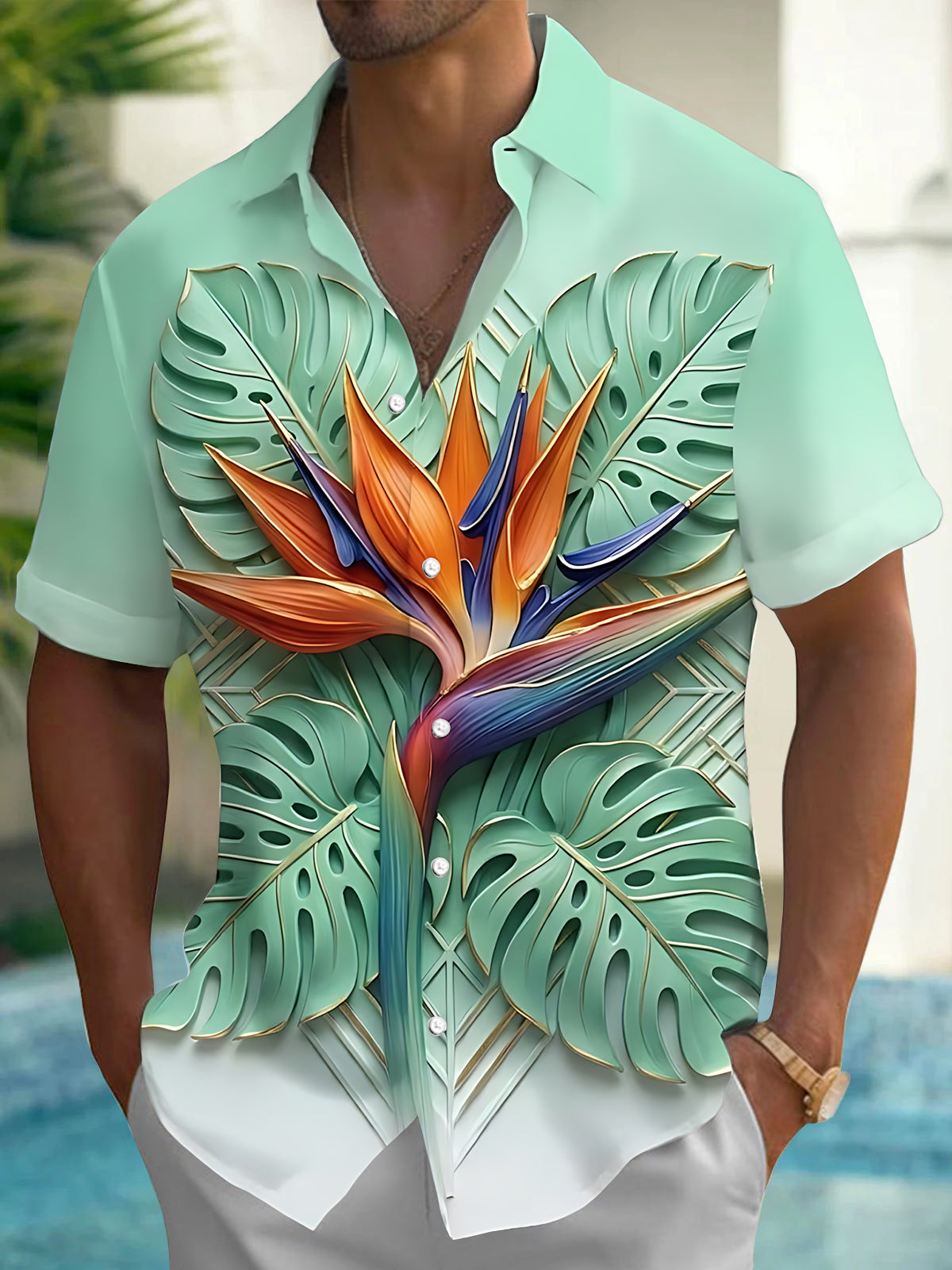 Oceanlyte Men's Short Sleeve Shirt - Bird Of Paradise Flower And Monstera Leaves Print with Chest Pocket