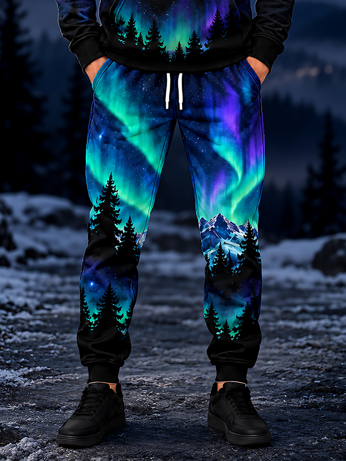 Oceanlyte Men's Pants - Aurora Borealis Night Sky With Pine Trees And Mountains Print
