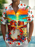 Oceanlyte Men's Hawaiian Drum Set With Red Flowers Print Short Sleeve Shirt with Chest Pocket