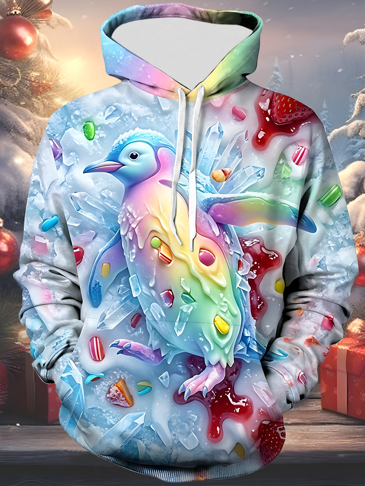 Oceanlyte Men's Rainbow Candy Penguin With Ice Crystals Print Long Sleeve Hoodie
