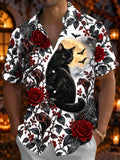 Oceanlyte Men's Halloween Black Cat With Bats And Moon Print Short Sleeve Shirt with Chest Pocket