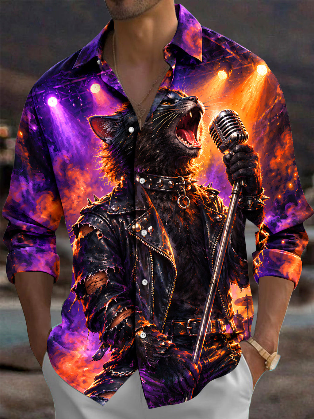 Oceanlyte Men's Long Sleeve Shirt - Rock Black Cat With Microphone And Leather Jacket Print with Chest Pocket