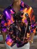 Oceanlyte Men's Long Sleeve Shirt - Rock Black Cat With Microphone And Leather Jacket Print with Chest Pocket