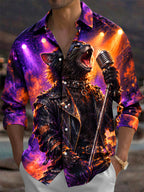 Oceanlyte Men's Long Sleeve Shirt - Rock Black Cat With Microphone And Leather Jacket Print with Chest Pocket