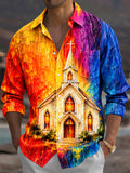 Oceanlyte Men's Long Sleeve Shirt - Church Building With Cross And Stained Glass Windows Print with Chest Pocket
