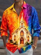 Oceanlyte Men's Long Sleeve Shirt - Church Building With Cross And Stained Glass Windows Print with Chest Pocket