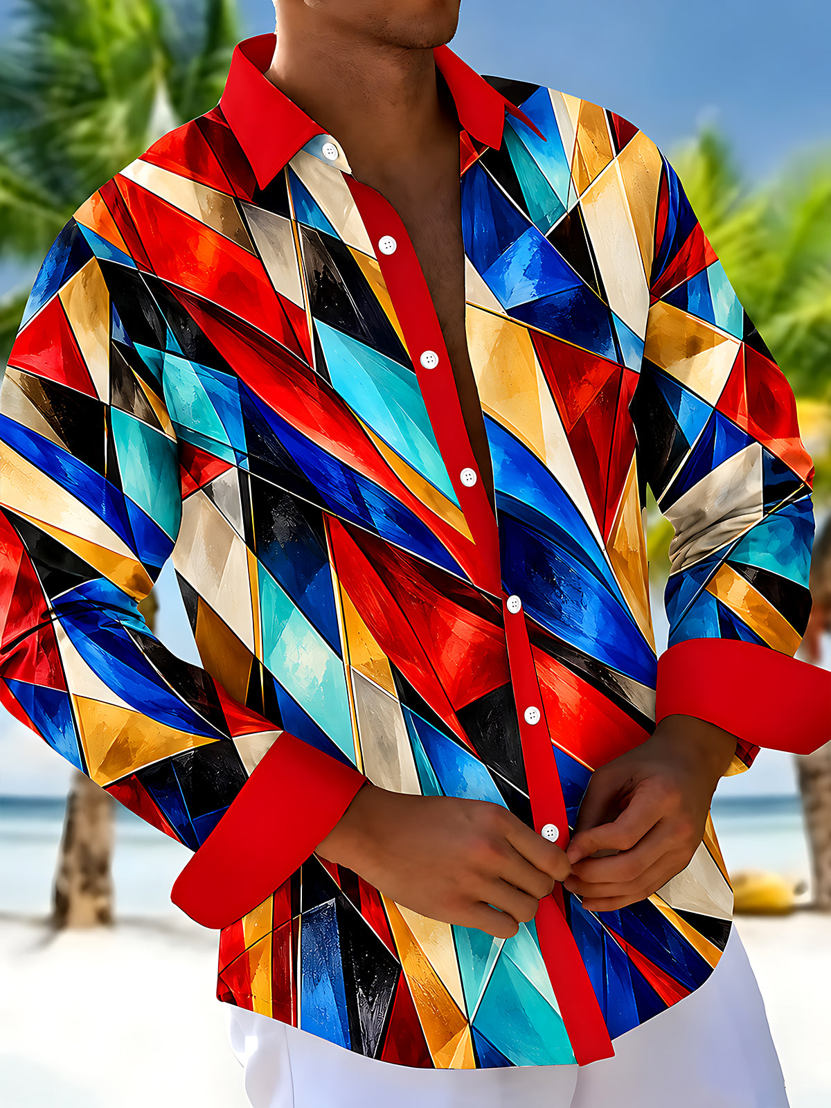 Oceanlyte Men's Colorful Geometric Abstract Shapes Print Long Sleeve Shirt with Chest Pocket