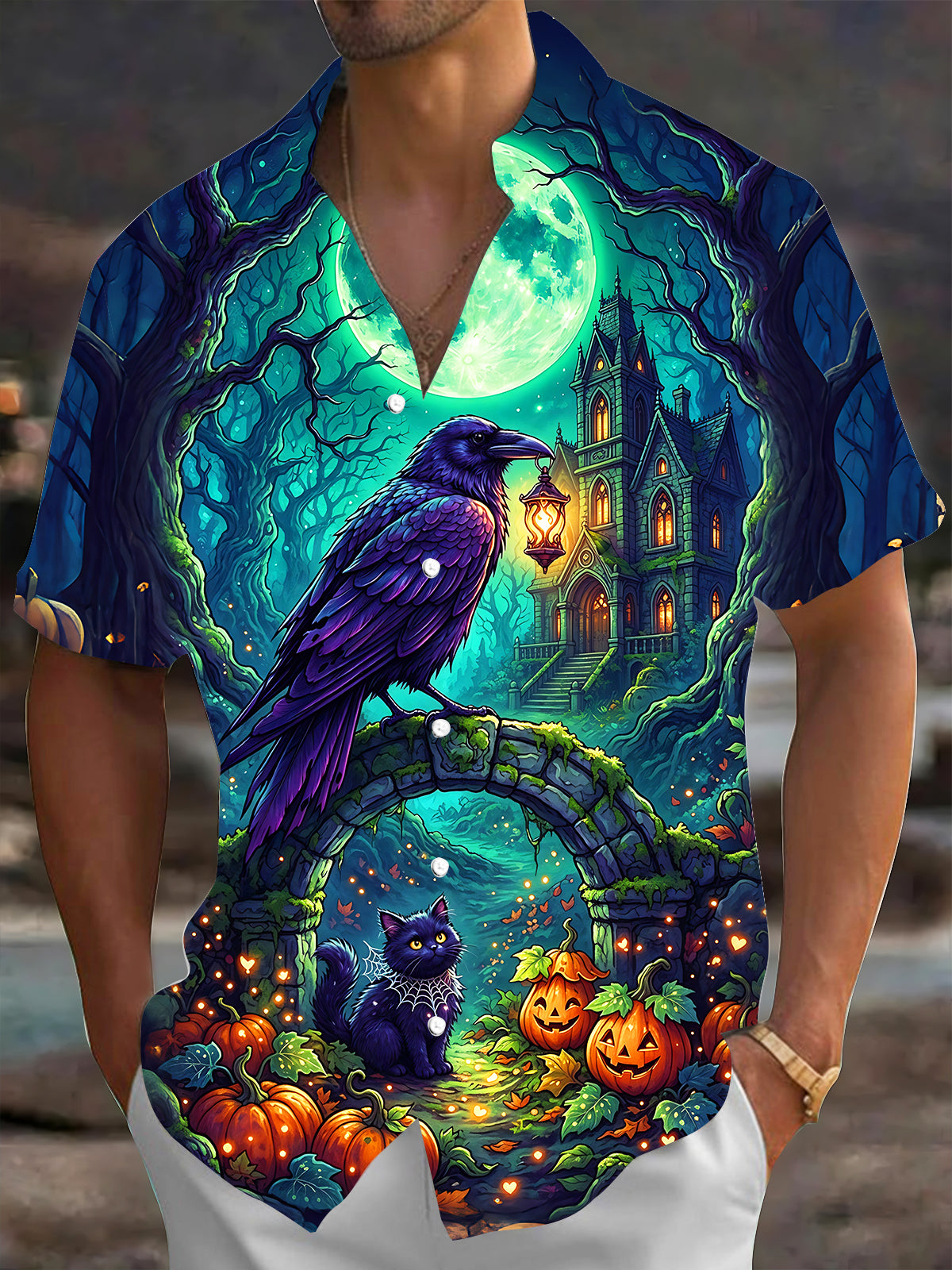 Oceanlyte Men's Halloween Black Cats And Pumpkins Print Short Sleeve Shirt with Chest Pocket