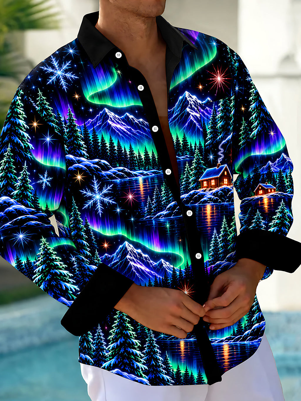 Oceanlyte Men's Long Sleeve Shirt - Aurora Borealis And Snowy Mountain Landscape Print with Chest Pocket
