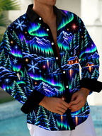 Oceanlyte Men's Long Sleeve Shirt - Aurora Borealis And Snowy Mountain Landscape Print with Chest Pocket