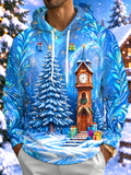 Oceanlyte Men's Long Sleeve Pullover Hoodie - Snowy Christmas Tree And Clock Tower Print with Kangaroo Pocket