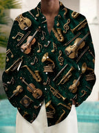 Oceanlyte Men's Vintage Musical Instruments And Notes Print Long Sleeve Shirt with Chest Pocket