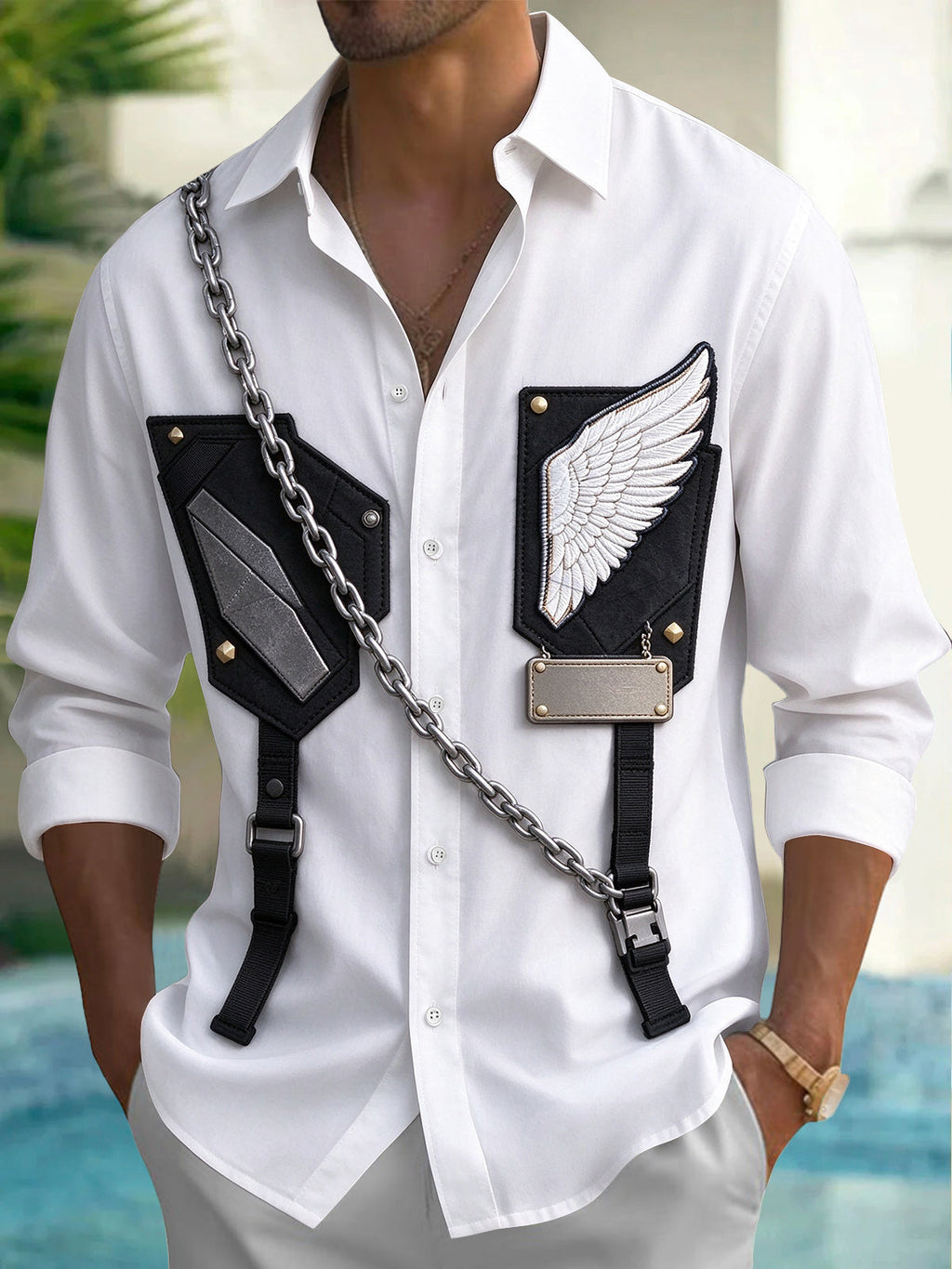 Oceanlyte Men's Winged Emblem And Geometric Shield Print Long Sleeve Shirt with Chest Pocket