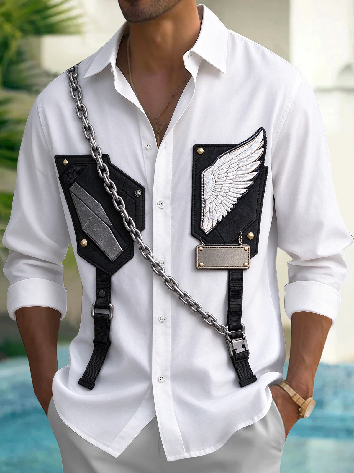 Oceanlyte Men's Winged Emblem And Geometric Shield Print Long Sleeve Shirt with Chest Pocket