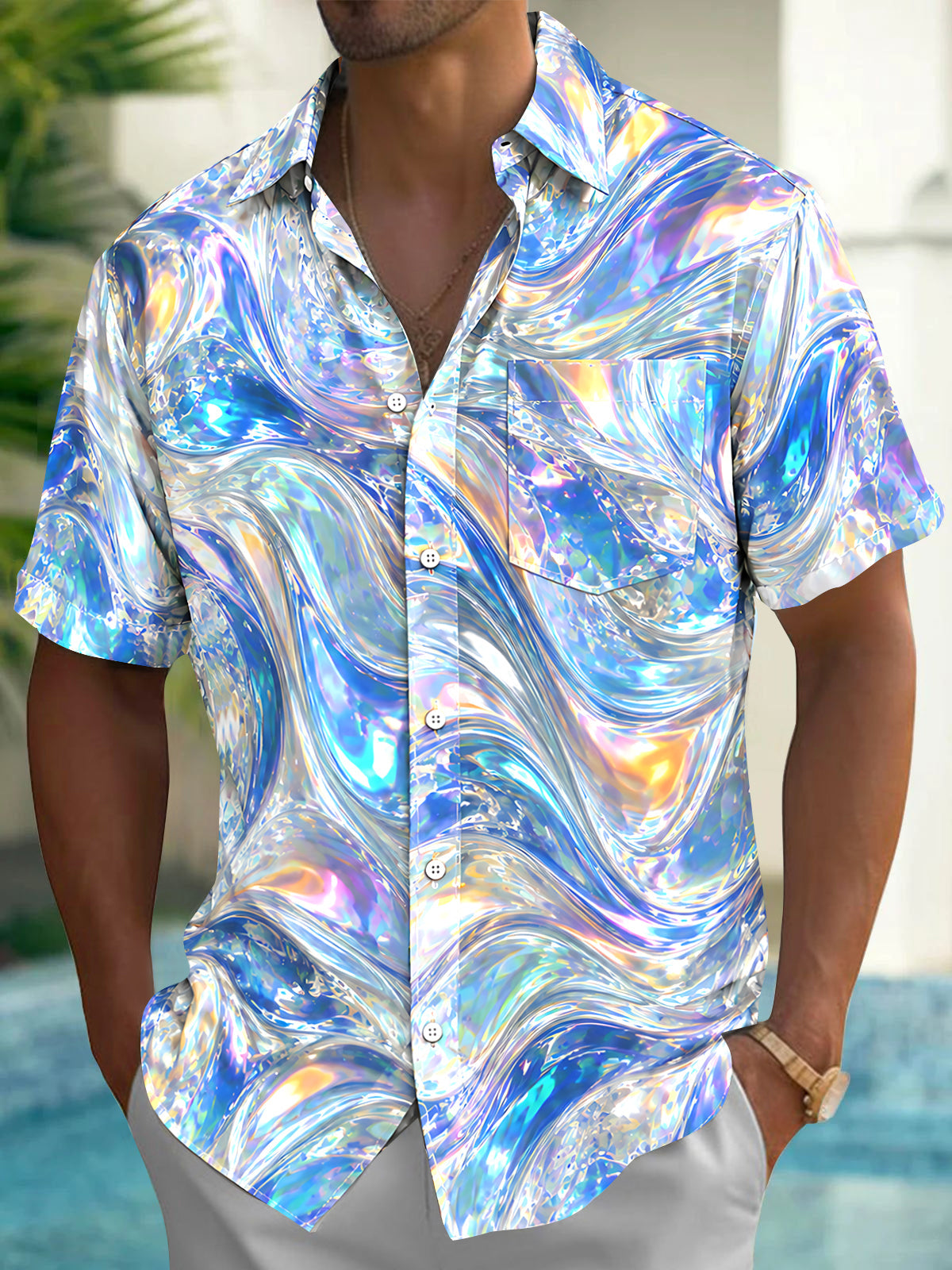 Oceanlyte Men's Printed Abstract Iridescent Swirls Print Short Sleeve Shirt with Chest Pocket