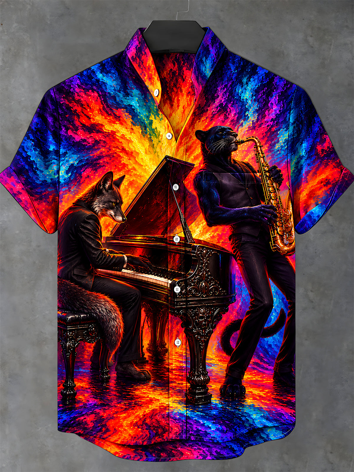 Oceanlyte Men's Short Sleeve Shirt - Anthropomorphic Wolf And Black Panther Musicians Print with Chest Pocket