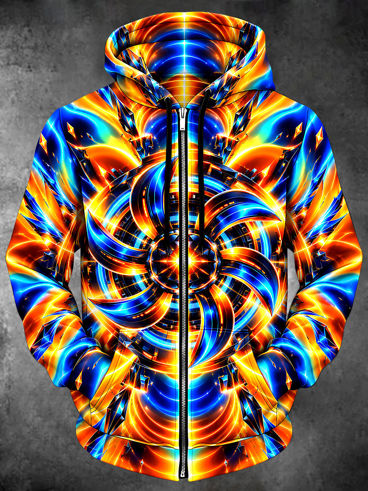 Oceanlyte Men's Abstract Neon Geometric Swirls Print Long Sleeve Zip-Up Hoodie with Kangaroo Pocket