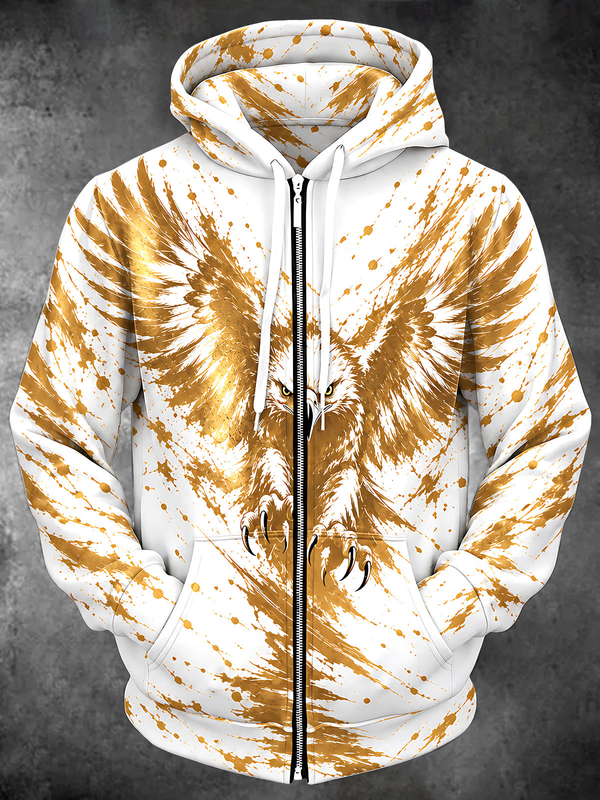 Oceanlyte Men's Long Sleeve Zip-Up Hoodie - Golden Eagle With Spread Wings And Claws Print