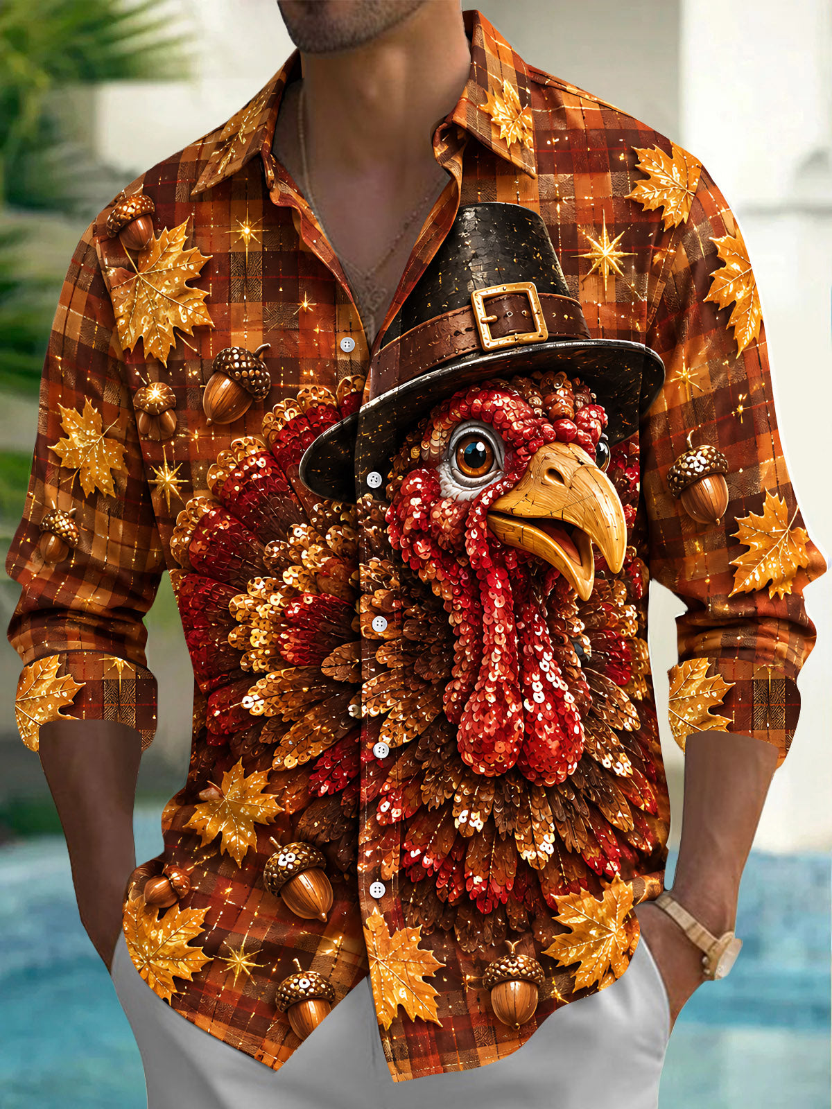 Oceanlyte Men's Thanksgiving Turkey With Pilgrim Hat Print Long Sleeve Shirt with Chest Pocket