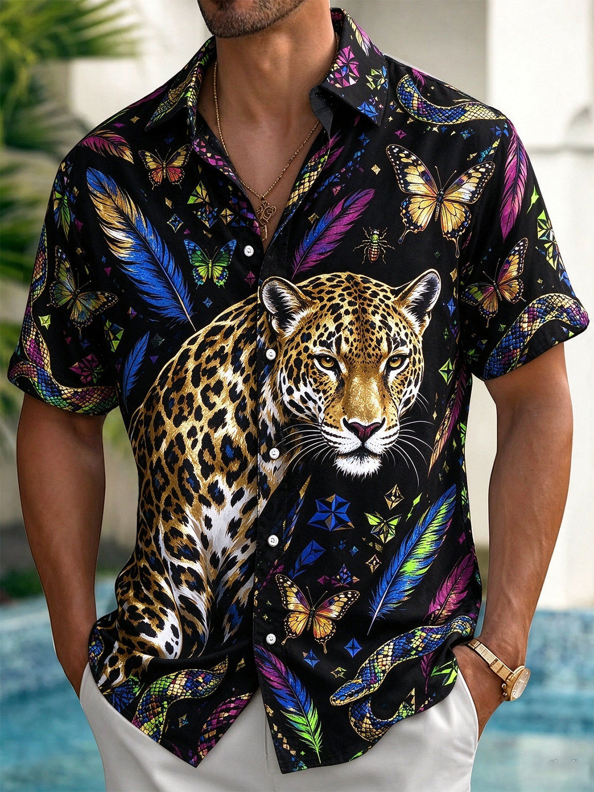 Oceanlyte Men's Leopard And Butterflies Print Short Sleeve Shirt with Chest Pocket