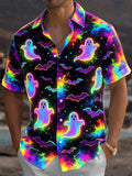 Oceanlyte Men's Graphic Halloween Neon Ghosts And Bats Print Short Sleeve Shirt with Chest Pocket