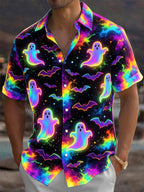 Oceanlyte Men's Graphic Halloween Neon Ghosts And Bats Print Short Sleeve Shirt with Chest Pocket