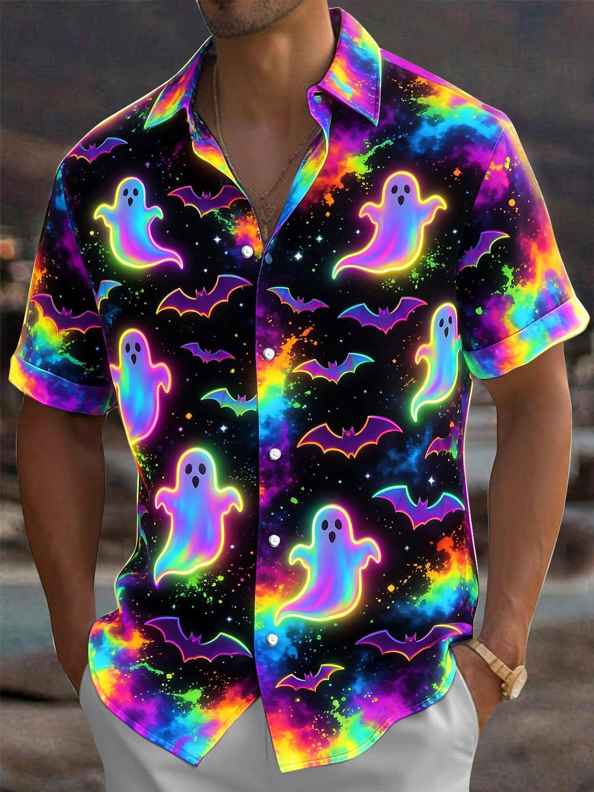 Oceanlyte Men's Graphic Halloween Neon Ghosts And Bats Print Short Sleeve Shirt with Chest Pocket