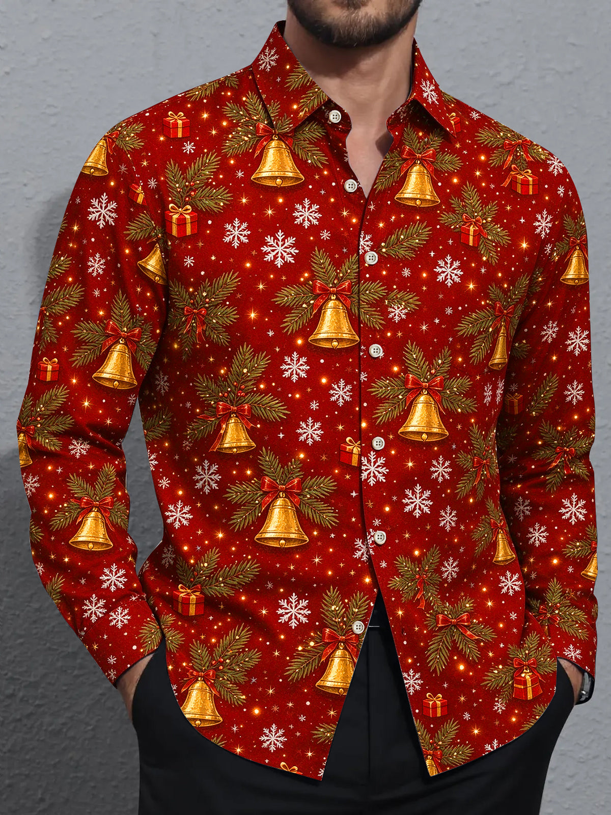 Oceanlyte Men's Christmas Golden Bells And Pine Branches Print Long Sleeve Shirt with Chest Pocket