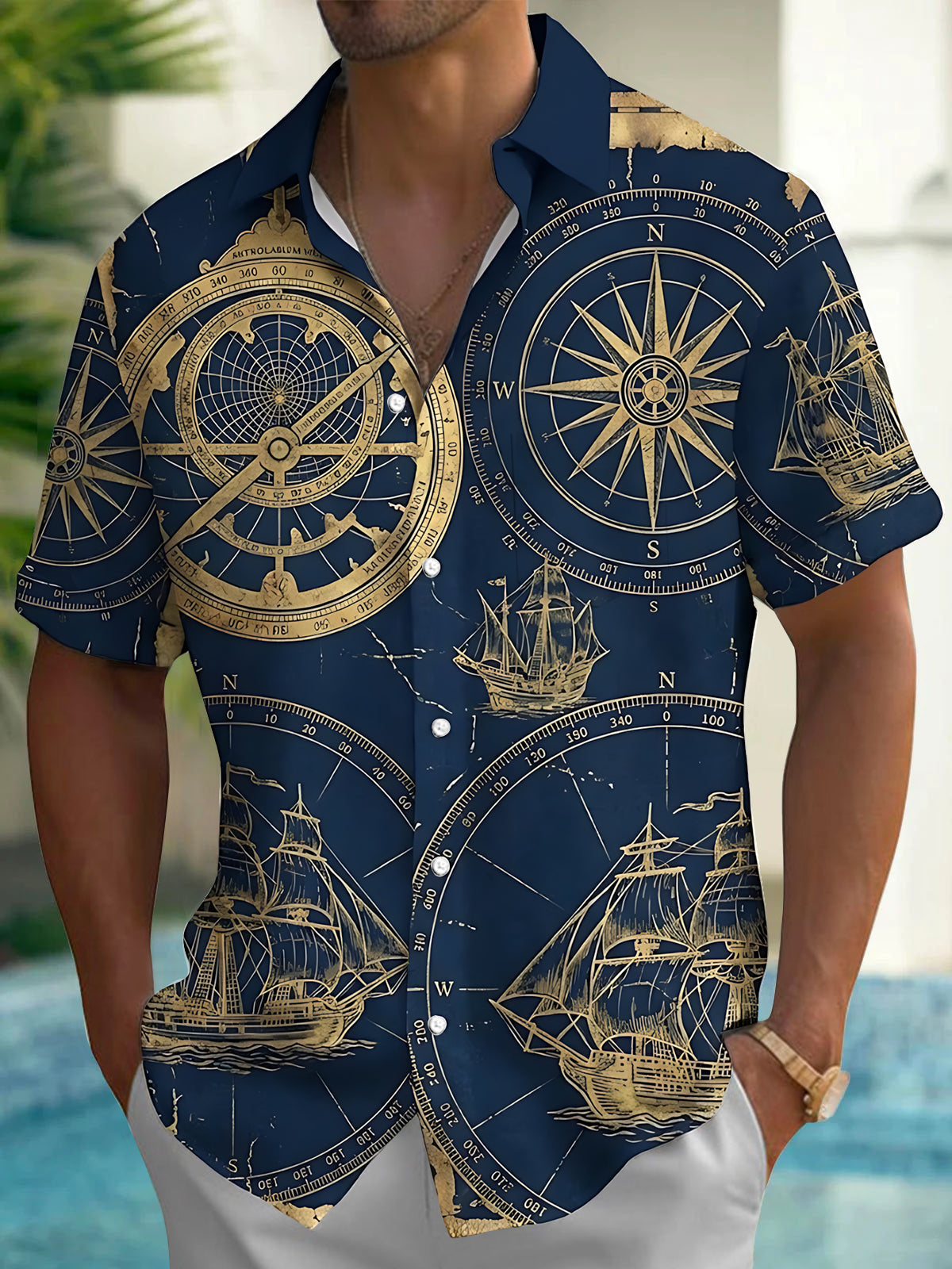 Oceanlyte Men's Hawaiian Vintage Compass Rose Print Short Sleeve Shirt with Chest Pocket