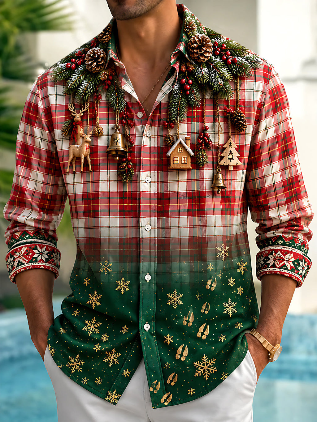 Oceanlyte Men's Long Sleeve Shirt - Christmas Plaid With Pine Branches And Ornaments Print with Chest Pocket